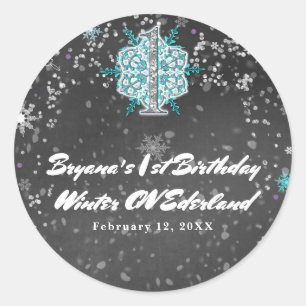 Winter ONEderland Chalk Aquamarin & Lila 1. Geburt Runder Aufkleber