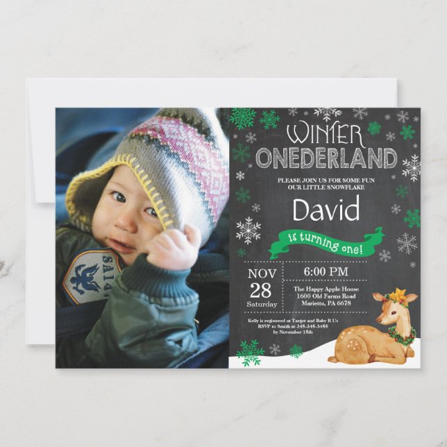 Winter Onederland Deer 1. Geburtstag Einladung (Vorderseite)