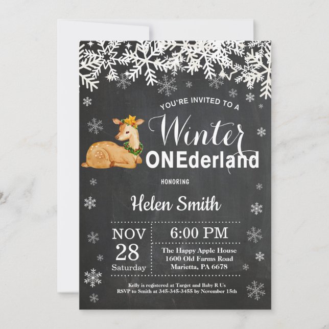 Winter Onederland Deer 1. Geburtstag Einladung (Vorderseite)