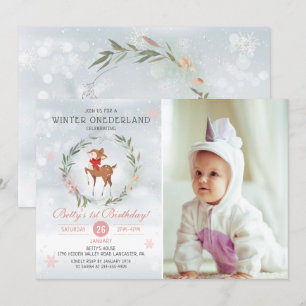Winter Onederland Deer Baby First Birthday Foto Einladung