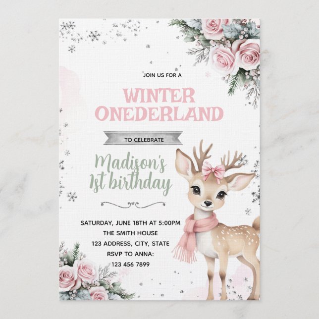 Winter Onederland deer invitation Einladung (Vorderseite)