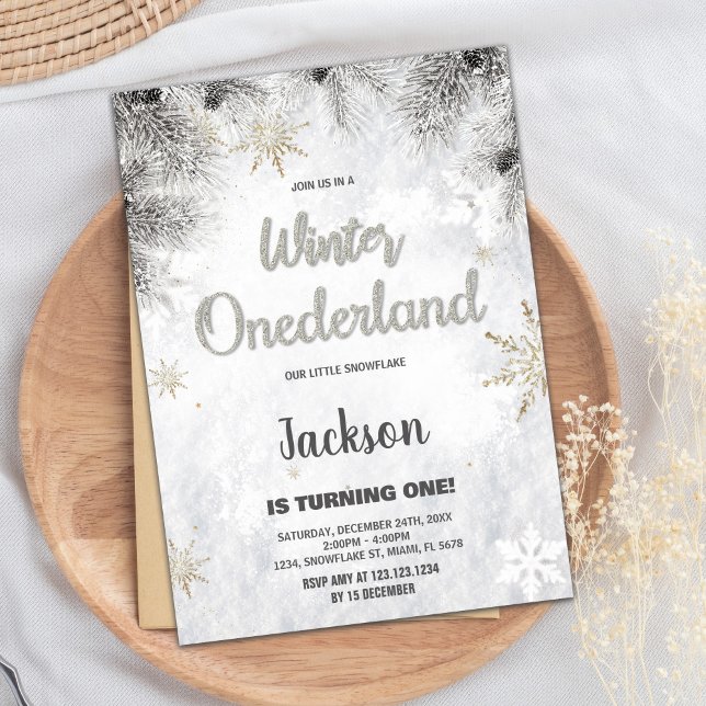 Winter ONEderland Einladungen Pine Silver Glitzer (Winter ONEderland Invitations Pine Silver Glitter)