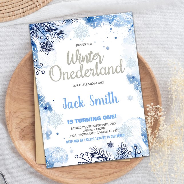 Winter ONEderland Einladungen Silberner Glitzer Bl (Winter ONEderland Invitations Silver Glitter Blue)