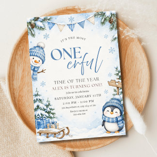 Winter Onederland Erste Geburtstag Pinguin Schneem Einladung