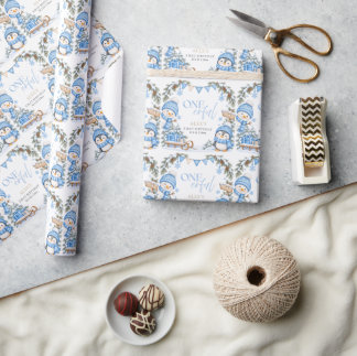 Winter Onederland Erste Geburtstag Pinguin Schneem Geschenkpapier