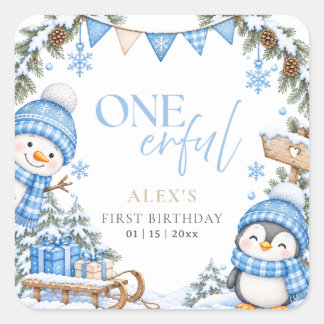Winter Onederland Erste Geburtstag Pinguin Schneem Quadratischer Aufkleber