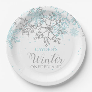 Winter Onederland erster Geburtstag blau und silbe Pappteller