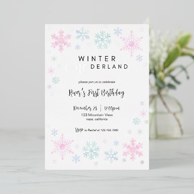 Winter ONEderland Erster Geburtstag Einladung (Stehend vorne)