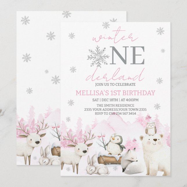 Winter ONEderland erster Geburtstag Einladung (Vorne/Hinten)