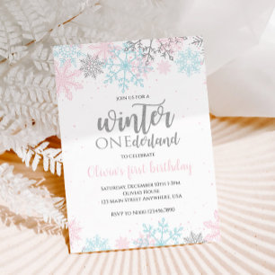 Winter Onederland Erster Geburtstag Pink Blau Schn Einladung