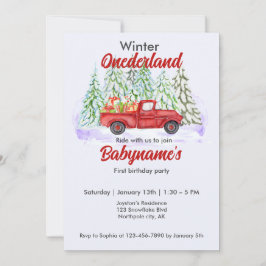 Winter Onederland Erster Geburtstag Roter LKW vorh Einladung