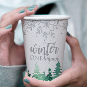 Winter Onederland Erster Geburtstag Tannen Schneef Pappbecher