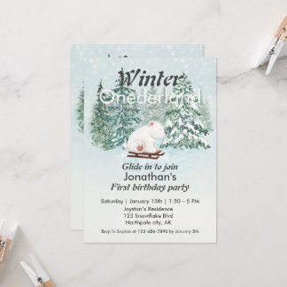 Winter Onederland Erster Geburtstagsbär auf Sleigh Einladung