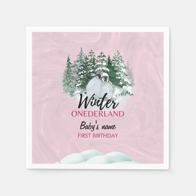 Winter Onederland Erster Geburtstagsschneepinguin Serviette (Vorderseite)
