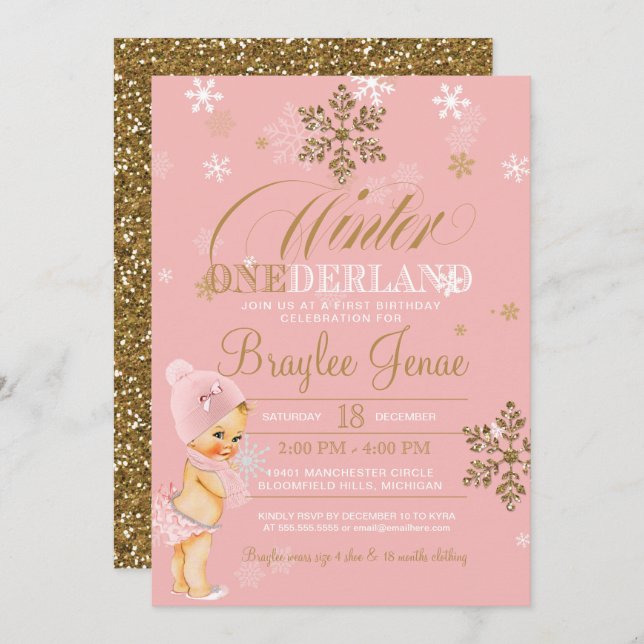Winter Onederland First Birthday Blonde Baby Girl Einladung (Vorne/Hinten)