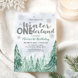 Winter Onederland First Birthday Snowflakes Forest Einladung
