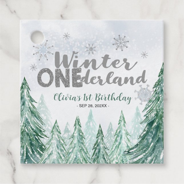 Winter Onederland First Birthday Snowflakes Forest Geschenkanhänger (Vorderseite)
