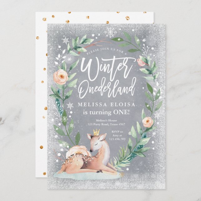 Winter ONEderland Floral Silver Deer Geburtstag Einladung (Vorne/Hinten)