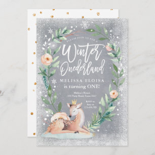 Winter ONEderland Floral Silver Deer Geburtstag Einladung
