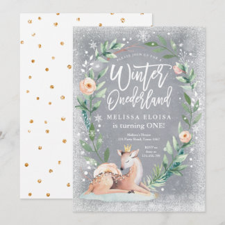 Winter ONEderland Floral Silver Deer Geburtstag Einladung