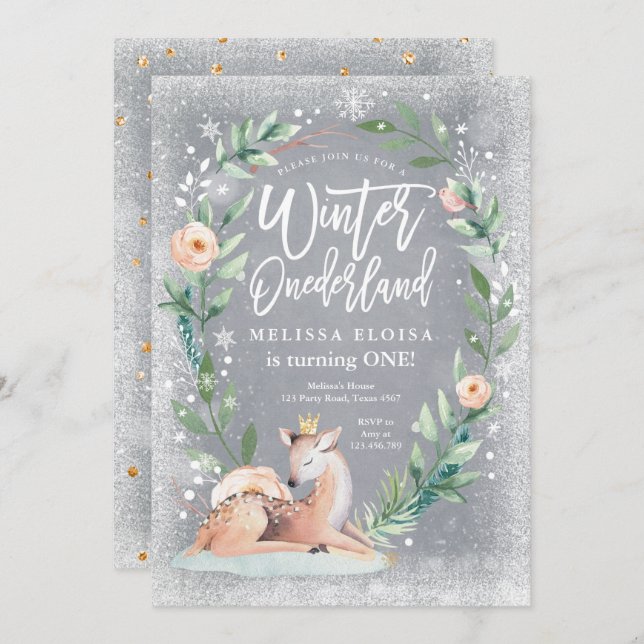 Winter ONEderland Floral Silver Woodland Geburtsta Einladung (Vorne/Hinten)