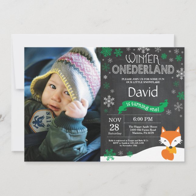 Winter Onederland Fox 1. Geburtstag Einladung (Vorderseite)