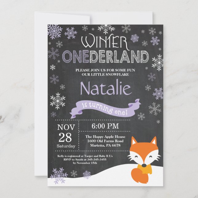 Winter Onederland Fox 1. Geburtstag Einladung (Vorderseite)