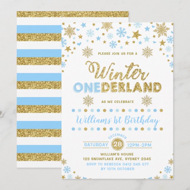 Winter ONEderland Geburtstag Einladung Blue Gold (Vorne/Hinten)