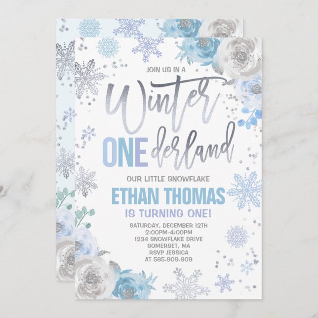 Winter ONEderland Geburtstag Einladung Blue Silver (Vorne/Hinten)