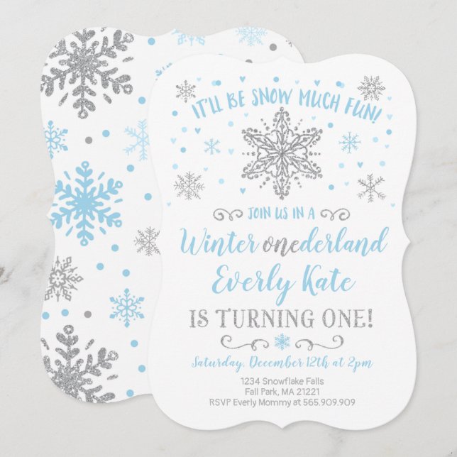 Winter ONEderland Geburtstag Einladung Blue Silver (Vorne/Hinten)