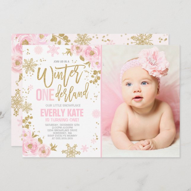 Winter ONEderland Geburtstag Einladung Pink Gold (Vorne/Hinten)