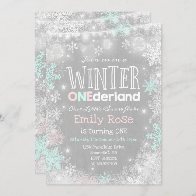 Winter ONEderland Geburtstag Einladung Pink Mint (Vorne/Hinten)