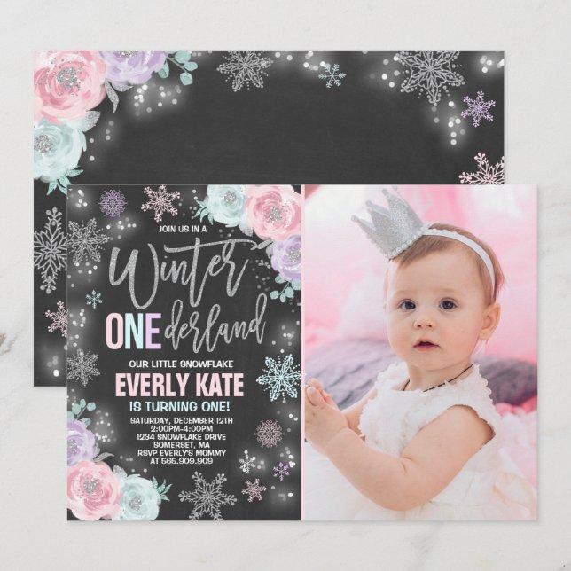 Winter ONEderland Geburtstag Einladung Rosa Silber (Vorne/Hinten)
