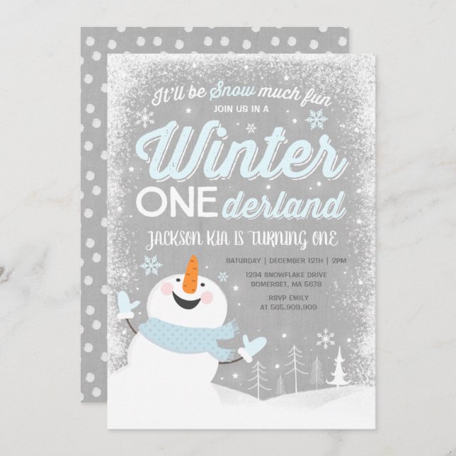 Winter ONEderland Geburtstag Einladung Snowman Blu (Vorne/Hinten)