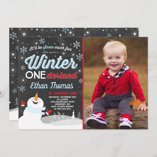 Winter ONEderland Geburtstag Einladung Snowman Blu (Vorne/Hinten)