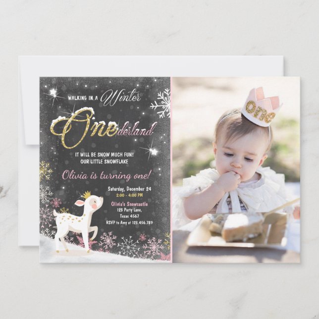 Winter Onederland Geburtstag laden rosa Einladung (Vorderseite)