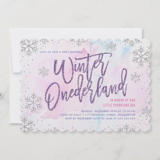 Winter ONEderland Geburtstag Silver Lila Pink Einladung (Vorderseite)
