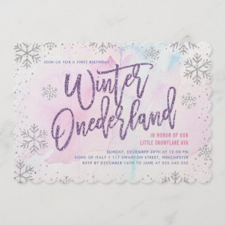 Winter ONEderland Geburtstag Silver Lila Pink Einladung