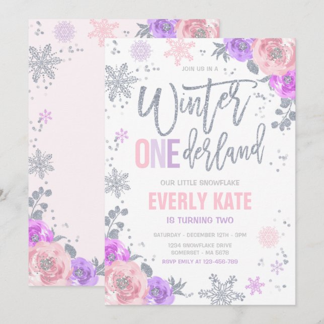 Winter ONEderland Geburtstag Silver Pink Schneeflo Einladung (Vorne/Hinten)