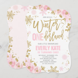 Winter ONEderland Geburtstags-Einladungs-Rosa-Gold Einladung