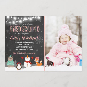 Winter ONEderland Geburtstags-Party Einladungsrosa Einladung