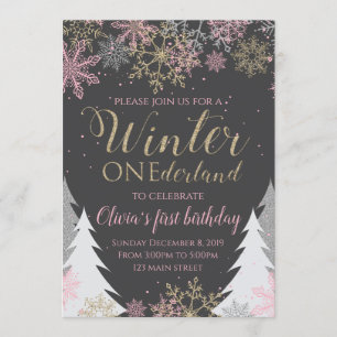 Winter ONEderland Geburtstagseinladung Pink Einladung