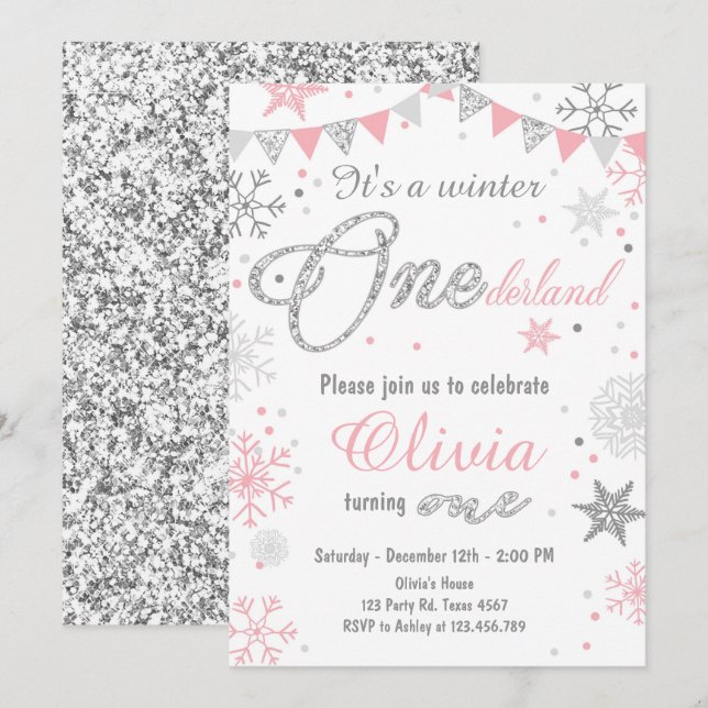 Winter Onederland Geburtstagseinladung Rosasilber Einladung (Vorne/Hinten)