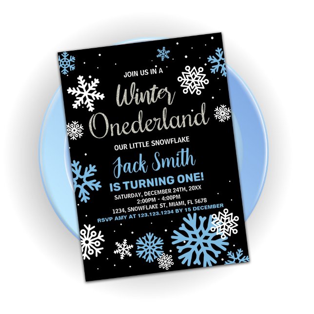 Winter Onederland Geburtstagseinladungen Blau Schw Einladung (Winter Onederland Birthday Invitations Blue Black)