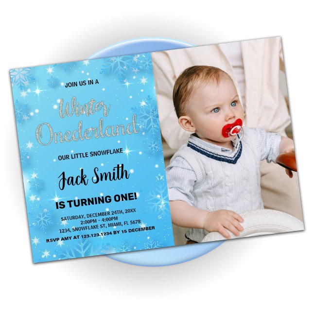 Winter Onederland Geburtstagseinladungen Blaues Fo Einladung (Winter Onederland Birthday Invitations Blue Photo)