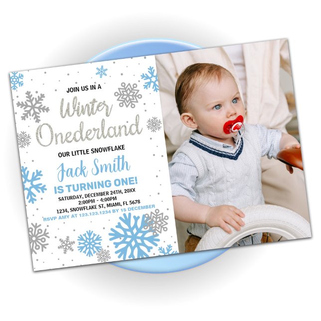 Winter Onederland Geburtstagseinladungen Blaues Fo Einladung (Winter Onederland Birthday Invitations Blue Photo)