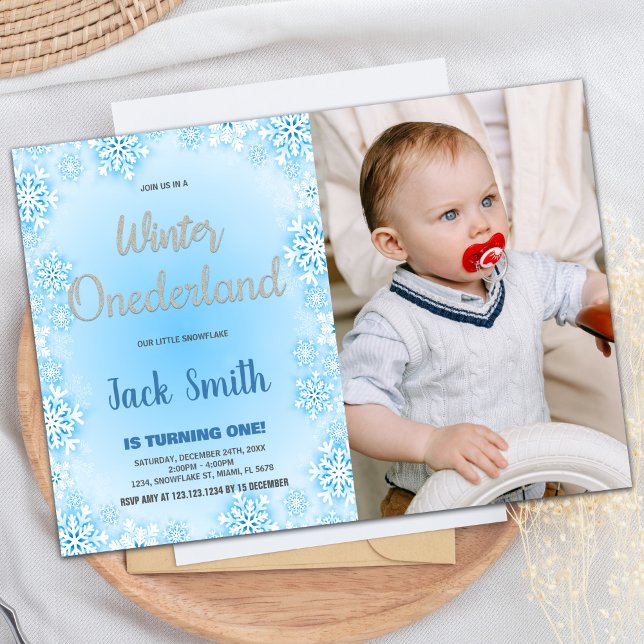Winter ONEderland Geburtstagseinladungen Blaues Fo Einladung (Winter ONEderland Birthday Invitations Blue Photo)