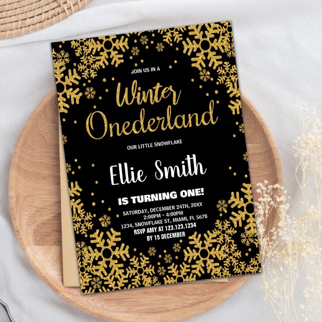Winter ONEderland Geburtstagseinladungen Gold Schw Einladung (Winter ONEderland Birthday Invitations Gold Black)