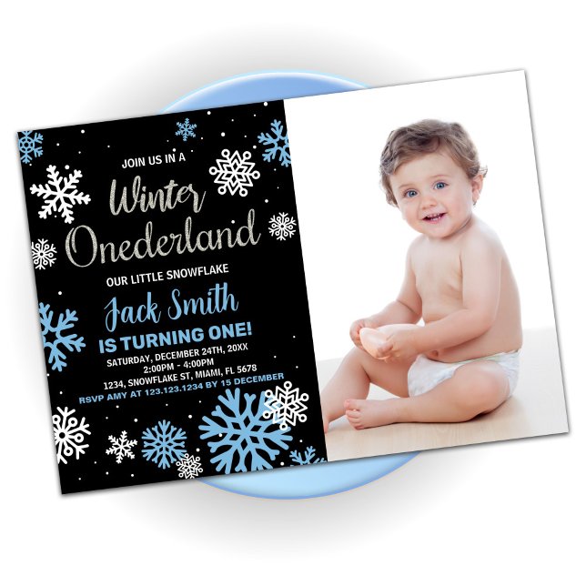 Winter Onederland Geburtstagseinladungen Schwarzes Einladung (Winter Onederland Birthday Invitations Black Photo)