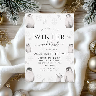 Winter Onederland Gezeichnet Pinguin 1. Geburtstag Save The Date
